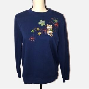 Granny Sweatshirt Size M Cat Embroidered Blue Floral Sparkle Long Sleeve Cottage